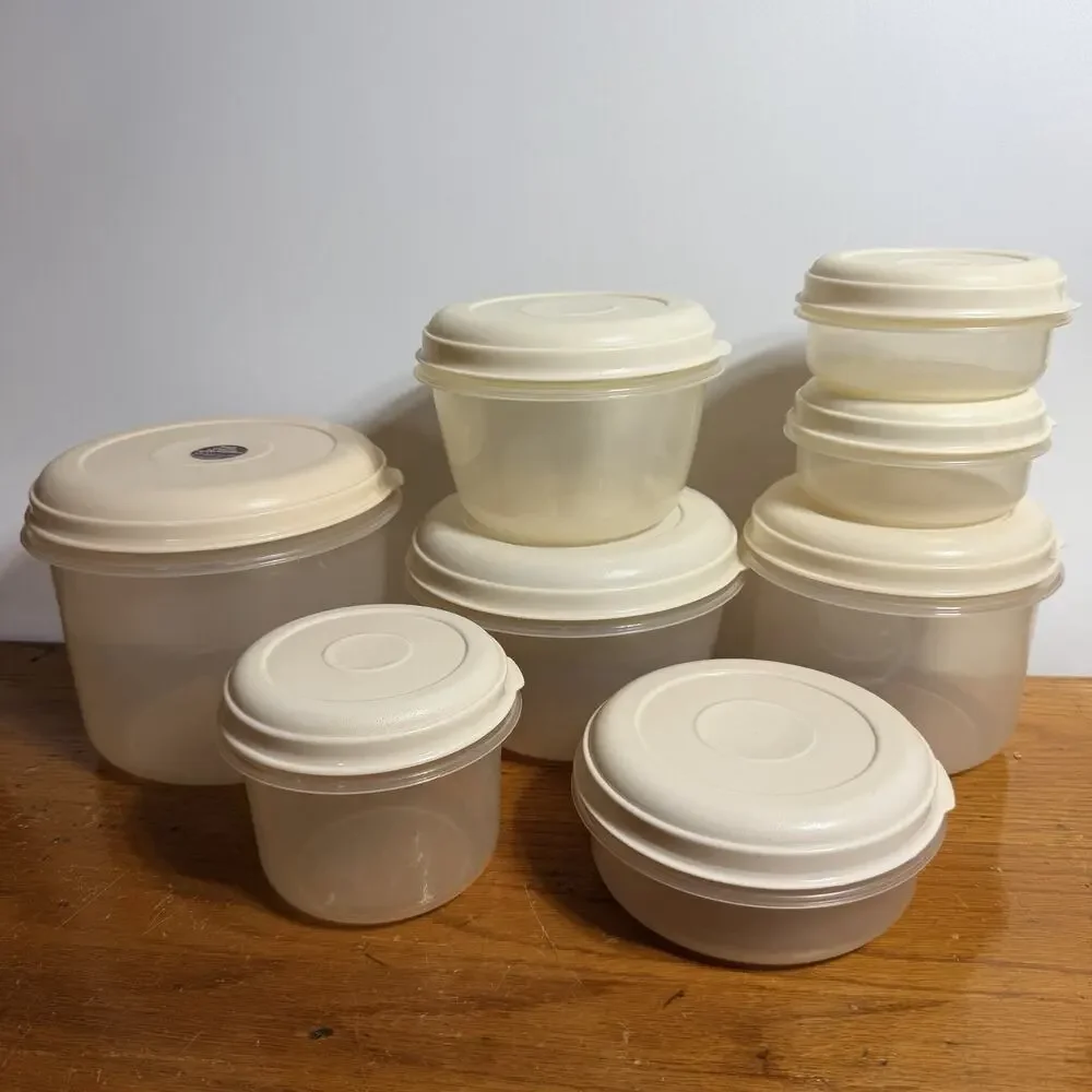 Set 8 Vtg Rubbermaid Servin Saver Round Food Containers Almond Lids
